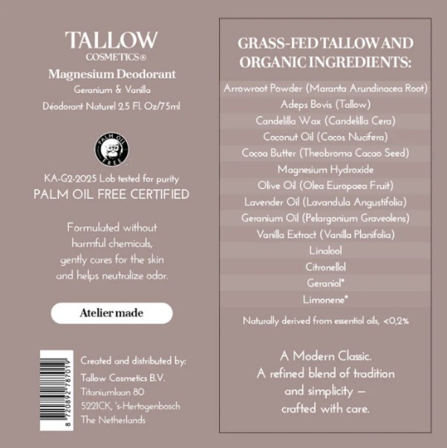 Natūralus dezodorantas su magniu ir taukais (tallow) –  pelargonija ir vanilė 75ml