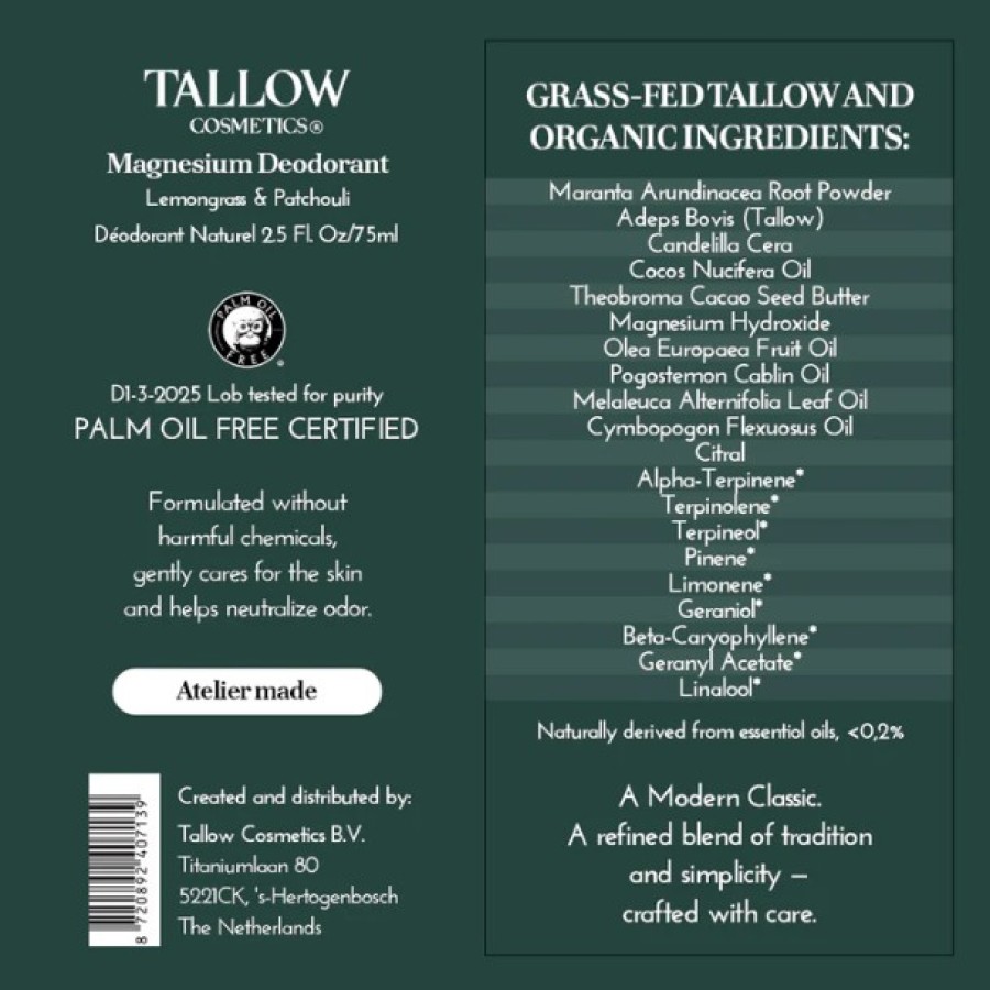 Natūralus dezodorantas su magniu ir taukais (tallow) – citrinžolė ir pačiulis 75ml